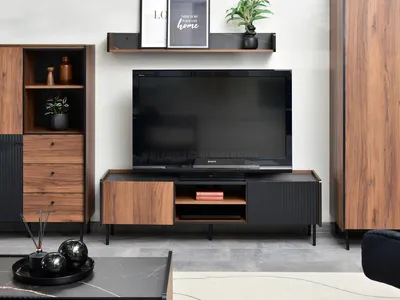 Zdjęcie produktu dla Stolik pod TV 150 NORLAN - orzech / czarny marmur / czarny
