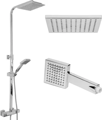 Produktbild von ECD Nemecko Sprchový systém s termostatickou batériou, strieborná chrómovaná, hranatá, dažďová sprcha a ručná sprcha, sprchový stĺp so sprchovou hlavicou/hadicou