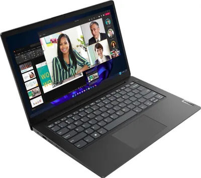 A black Lenovo laptop is shown from a diagonal angle, open and displaying a video conference call on its screen.