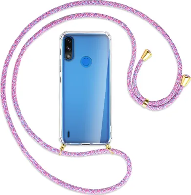 Produktbild von Handykette Backcover-Schutzhülle mit Band (Metall goldfarben) für Motorola Moto E7 Power, E7i Power - lila/rosa/blau