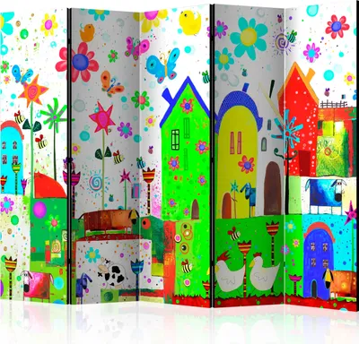 A colorful, cartoon-like illustration of a whimsical village with houses, animals, and flowers, presented as a room divider.