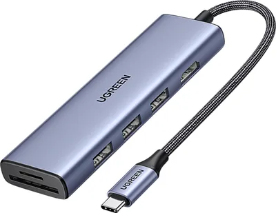 Image de Hub adaptateur USB-C 6-en-1 UGREEN CM511 : 3 ports USB 3.0, 1 port HDMI 2.0, 1 emplacement SD, 1 emplacement TF, 4K, 60 Hz, 5 Gbps, 20 cm, bleu.
