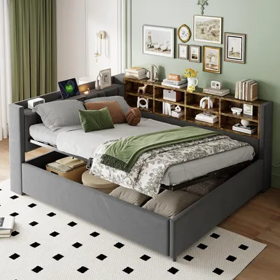 Image de Lit de jour rembourré Merax, 140x200 cm, avec ports de charge USB et Type-C, lit pour enfant avec veilleuse LED, espace de rangement hydraulique, étagères, gris