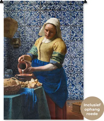 Produktbild von MuchoWow® Wandteppich Wandbehang Milchmädchen - Delfter Blau - Vermeer - Gemälde - Alte Meister 90x135 cm Tapisserie Dekoration Wandtuch - Baumwolle - Wandskulptur