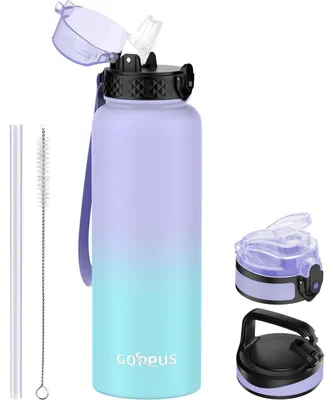 Immagine prodotto di Borraccia in acciaio inossidabile con cannuccia, capacità 1,2 litri/40 once. Termos isolato, a prova di perdite, disponibile nei colori viola e blu