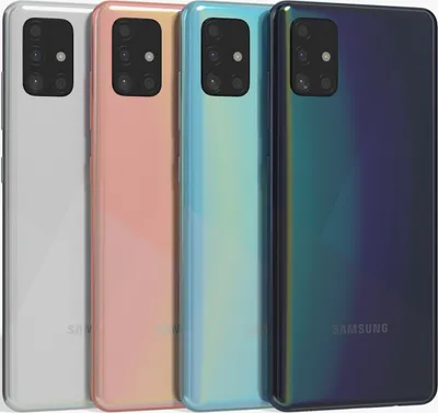 Four Samsung Galaxy A51 smartphones in different colors are lined up.