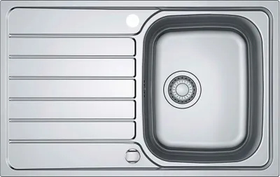 A top-down view of a stainless steel kitchen sink with a drainboard.