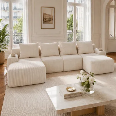 Produktbild von Modulares Cordsofa - 4-Sitzer mit 2 Hockern, Beige - Frei kombinierbar - Inklusive Getränkehalter und Aufbewahrungstasche