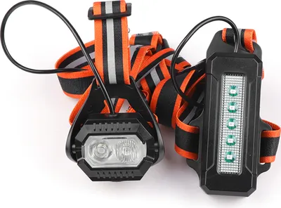 A close-up studio shot of a black and orange LED headlamp with a reflective strap, set against a white background.