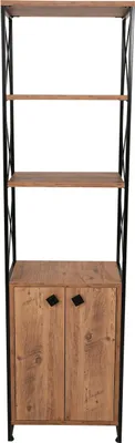 A tall, narrow bookshelf with a wooden finish and black metal frame.