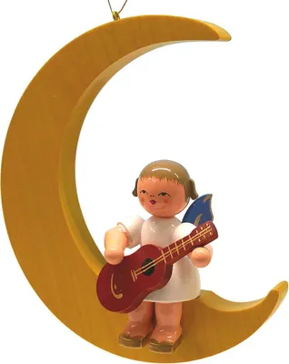 Produktbild von Engel mit Gitarre - Blaue Flügel - sitzend im Mond gelb (16,5cm) von Kunstgewerbe Uhlig