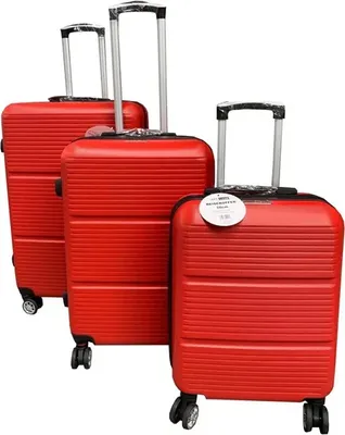 Three red suitcases of different sizes are arranged diagonally on a white background.