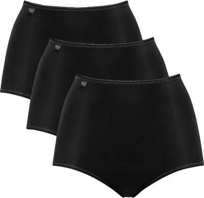 Three black women's briefs are neatly arranged.