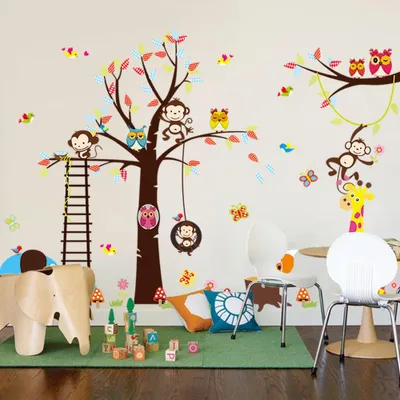 Produktbild von Riesige Wandaufkleber zum Selbstkleben für Kinder – Baum, Affe, Giraffe und Vögel