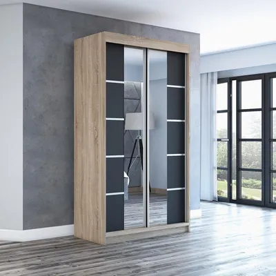 Produktbild von Schwebetürenschrank Kleiderschrank ERA 120 cm Schrank Garderobe Spiegel.Verschiedene Farben (Weiß, Schwarz, Somona). Möbel vom Hersteller!