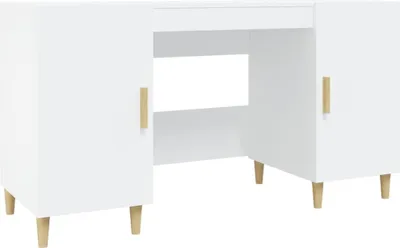 A white desk with two cabinets and wooden legs, shown from the front.