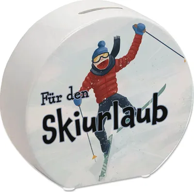 Produktbild von Spardose mit lustigem Skifahrer-Motiv und Spruch - Für den Skiurlaub