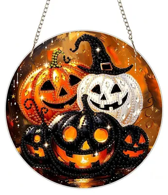 Image de Kit de loisirs créatifs pour adultes et enfants : pendentif "Halloween", peinture diamant sur motif citrouille, idéal pour créer des décorations de fenêtre