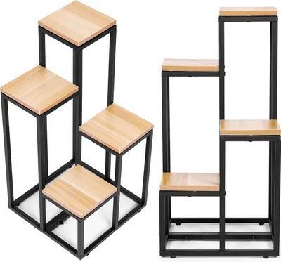 Image de Support à fleurs, étagère à fleurs, décorations, 4 étagères, métal MDF, noyer clair ModernHome