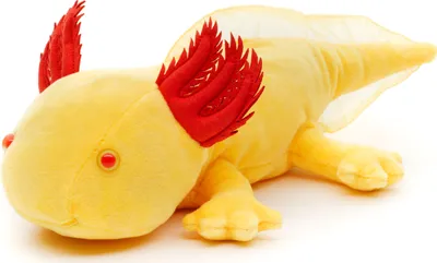 A yellow plush axolotl toy with red gills and eyes, lying on a white background.