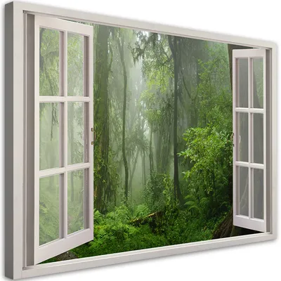 Produktbild von Leinwandbild Fenster Tropischer Dschungel 90x60 Feeby Grün bild für die wand bereit zum aufhängen
