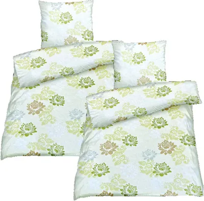 Produktbild von Baumwolle Satin Bettwäsche Blumen Grün 135x200 80x80cm: 4 tlg.