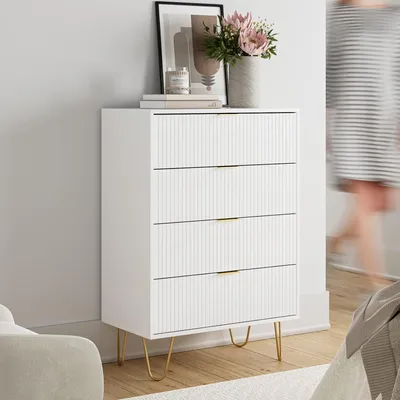 Immagine prodotto di Comodino bianco, mobiletto contenitore con 4 cassetti, dimensioni 34x60x91 cm, in legno, con gambe dorate