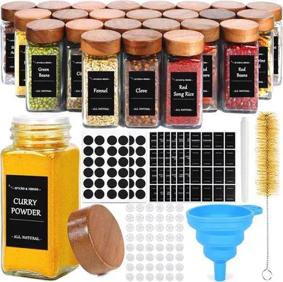 Immagine prodotto di Contenitori per spezie - Barattoli quadrati con coperchio in legno - 120 ml - Etichette - Bagnoscoppo in silicone - Spazzola per la pulizia