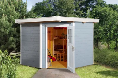 Produktbild von WEKA 229.2424.15400 Gartenhaus/Blockbohlenhaus Quinta  mit Einzeltür ; Größe: 2 ; Farbgebung: Grau ; Wandstärke: 21 mm ; Maße (LxBxH): 239 cm x 235 cm x 217 cm ; Seitenwandhöhe: 197 cm