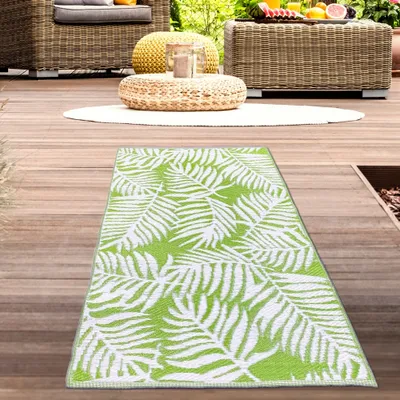 Image de Tapis d'extérieur avec design de feuilles de palmier en vert Taille - 90 x 150 cm