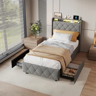 Produktbild von Polsterbett 90x200 cm mit 2 Schubladen, Stauraum-Kopfteil, LED, USB & Type-C Anschluss, Lattenrost, Flanell Grau, ohne Matratze