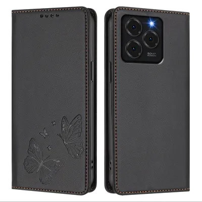 Produktbild von Lederhülle für Ulefone Note 20 Pro, Schmetterling Prägung Leder Brieftasche Schutzhülle mit Ständer Schwarz