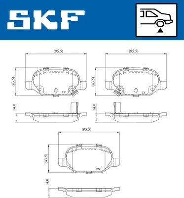 Zdjęcie produktu dla SKF VKBP 90808 A – zestaw klocków hamulcowych, tył, przeznaczony do samochodów FIAT Panda (hatchback, modele 312, 319) oraz FIAT Panda Van (modele 312, 519)