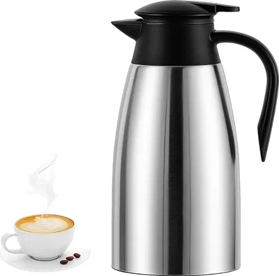 Produktbild von Thermoskanne Edelstahl, 2L Doppelwandige Isolierkanne, Vakuum-Kaffeekanne, 12+ Stunden Wärme- und Kältespeicherung, Silber
