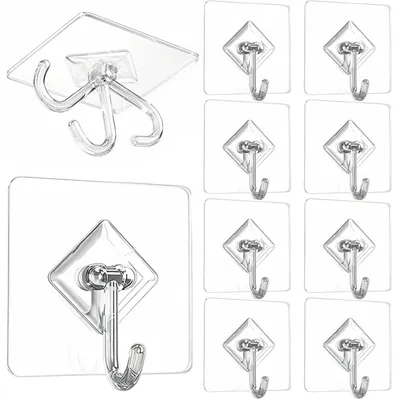 Produktbild von Set mit 10 transparenten, selbstklebenden Haken zur Wandmontage
