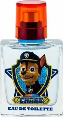 A bottle of Paw Patrol Eau de Toilette spray for children, featuring the character Chase.