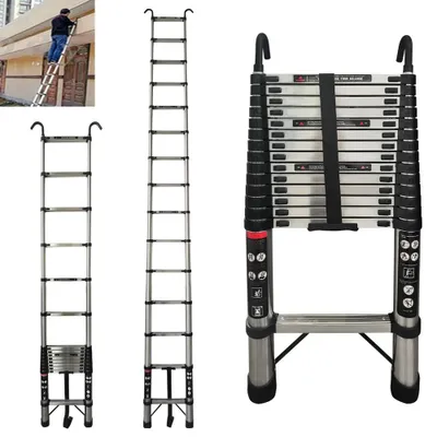 Produktbild von Teleskopleiter - 4,4 m Haushaltsleiter - Edelstahl & ABS - 15 Sprossen - Zusammengeklappt 93 cm - Breite 46,5 cm - Hakenhöhe 10 cm