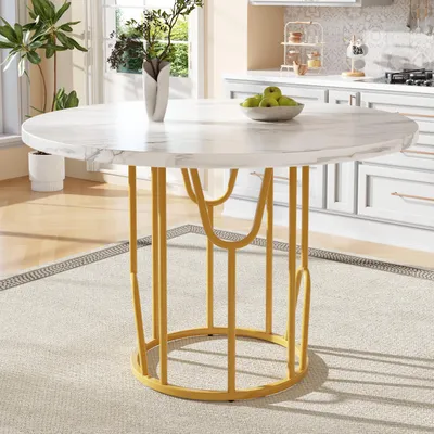 Produktbild von Runder Esstisch (80 x 80 x 76 cm),leichter und r runder Tisch für 4-6 Personen, geeignet für Esszimmer,marmorierte Tischplatte, goldene Beine