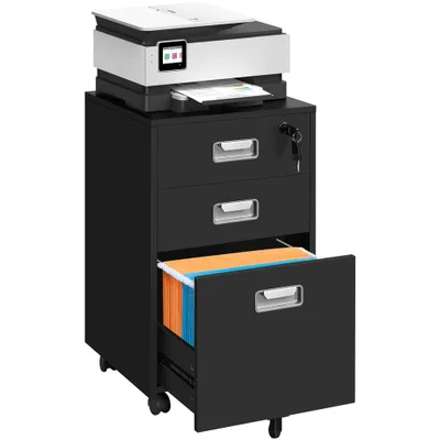 Produktbild von Yaheetech Mobiler Aktenschrank Rollcontainer mit 3 Schubladen und Hängeregistratur Büroschrank, Schwarz