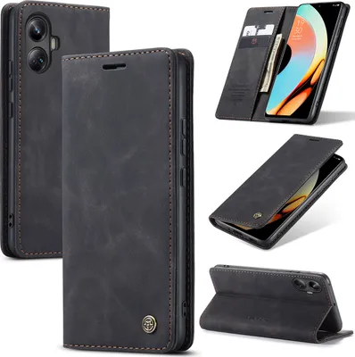 Produktbild von Realme 10 Pro+ Hülle, Retro Kunstledertasche mit Standfunktion Schutzhülle für Realme 10 Pro+ Schwarz
