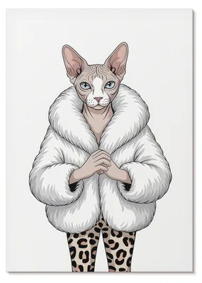 Produktbild von POSTER - 59x84 cm (A1) - Velini - Katze im Pelzmantel und Leopardenhose - Wandbild für Wohnzimmer Schlafzimmer & Flur, Modernes Poster Wanddeko, Ungerahmt