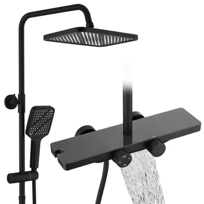 Produktbild von Homelody Duschsystem mit Thermostat und Glasablage in Schwarz Matt,Brausegarnitur 3 Strahlart(en), 12 Zoll Regendusche, 3-Funktions-Handbrause