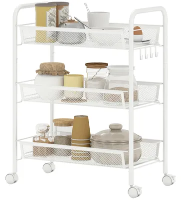 Produktbild von Dreist?ckiger Servierwagen mit K?rben, rollbarer Servierwagen, Aufbewahrungswagen, 45 x 26,5 x 63 cm, wei?