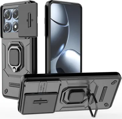 Immagine prodotto di Custodia per Xiaomi 14T Pro a doppio strato con protezione fotocamera scorrevole e supporto per anello, supporto Nero
