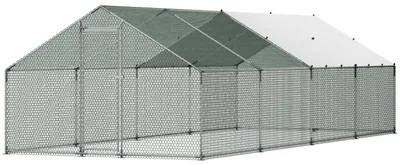 Obrázok produktu pre Veľký kovový kupecký chovný box, rozmer 3 x 8 x 2 metre, s vnútorným priestorom pre slepice a vodotesnou ochranou, s kuželovitou strechou a zámkom. Vonkajšia klietka pre kačky a králiky, ohrada pre hydinu, vhodná na záhradu, farmu alebo dvor