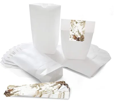 Produktbild von Logbuch-Verlag 25 kleine weiße Papiertüten Weihnachten Verpackung 16,5 x 26 x 6,5 cm zum Befüllen + Selbstklebende Etiketten braun Natur Zapfen Nüsse10 Stück