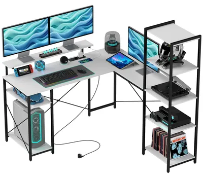 Immagine prodotto di Scrivania Angolare 137x140x139,5 cm Supporto per Monitor Presa Elettrica e USB Bianco e Nero