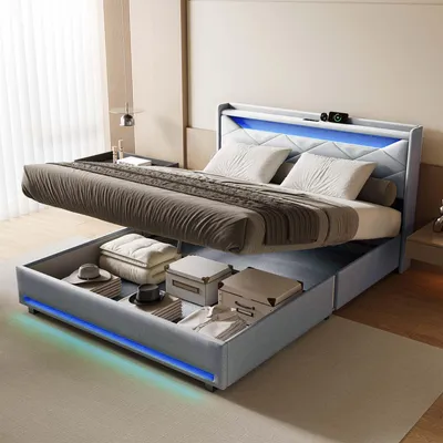 Immagine prodotto di Letto imbottito 160x200 cm con contenitore, sistema LED, porte USB e di tipo C, rete a doghe, colore grigio
