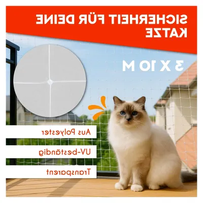 Produktbild von Katzennetz aus Polyester für Balkon und Fenster ohne Bohren 3 x 10m - transparent, reißfest und wetterfest - Katzenschutznetz für Fenster - inklusive Befestigungsmaterial