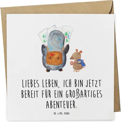 Produktbild von Mr. & Mrs. Panda Grußkarte Pinguin & Maus Wanderer - Weiß - Geschenk, anlasskarte, Klappkarte, Abenteuer, doppelkarte, Wandern, Glückwunschkarte, Roadtrip, faltkarte